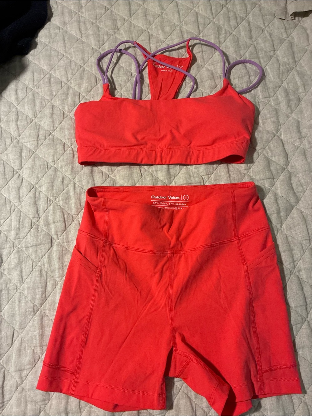 Outdoor Voices Coral & Lavender Strappy Sports Bra and High-Rise Bike Shorts